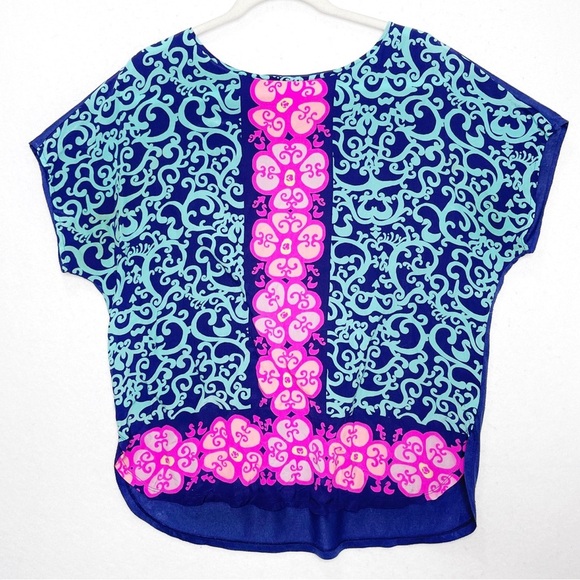 Lilly Pulitzer Marion Silk Top M/L Lilly Aqua Blue Turquoise Pink Fountain Top - Picture 2 of 6